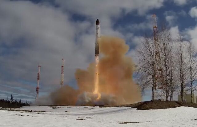 An RS-28 Sarmat missile fires out of its underground silo on its first full-scale test flight in April 2022.