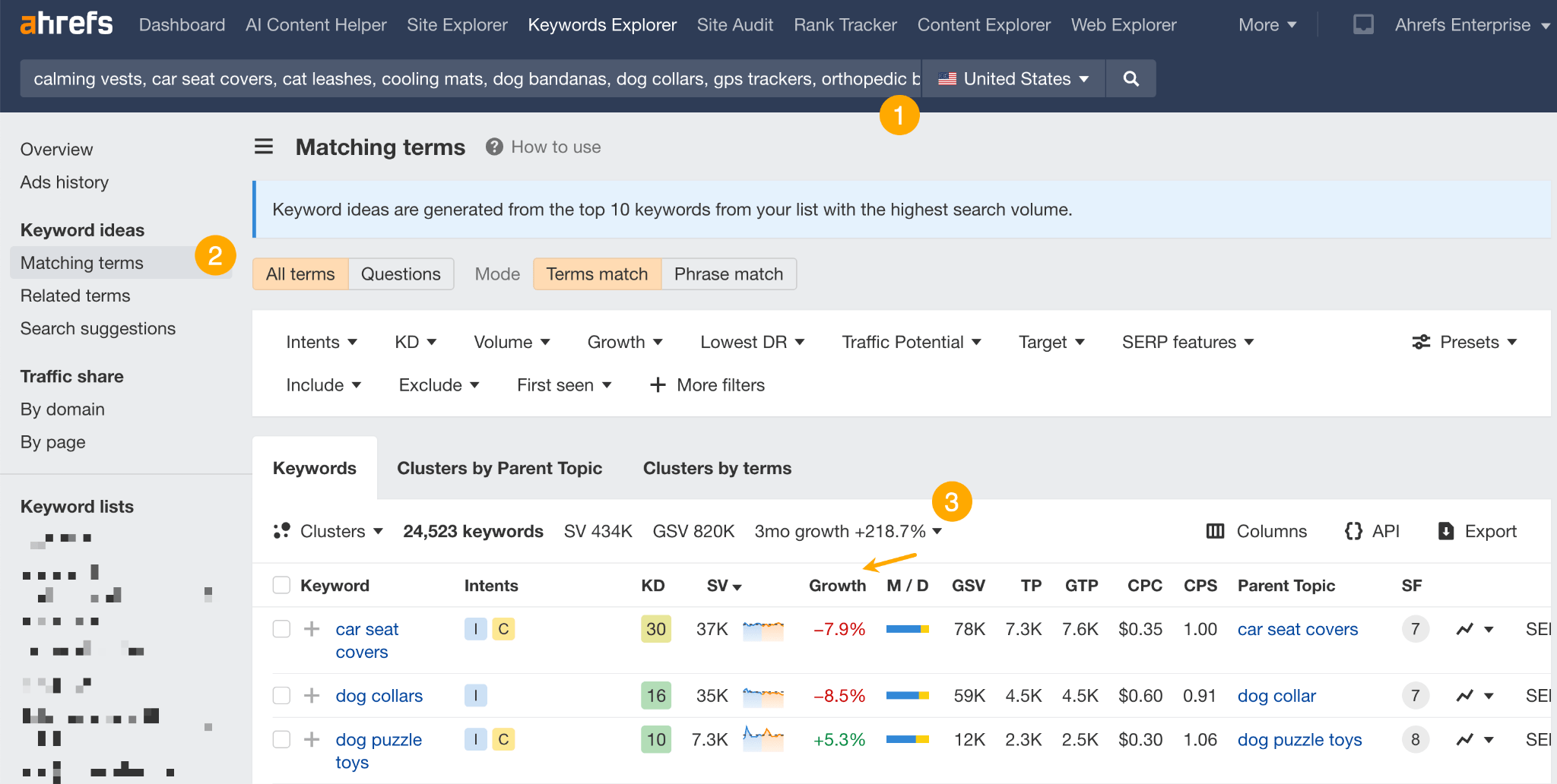 Finding trending products with Ahrefs' Keywords Explorer. 