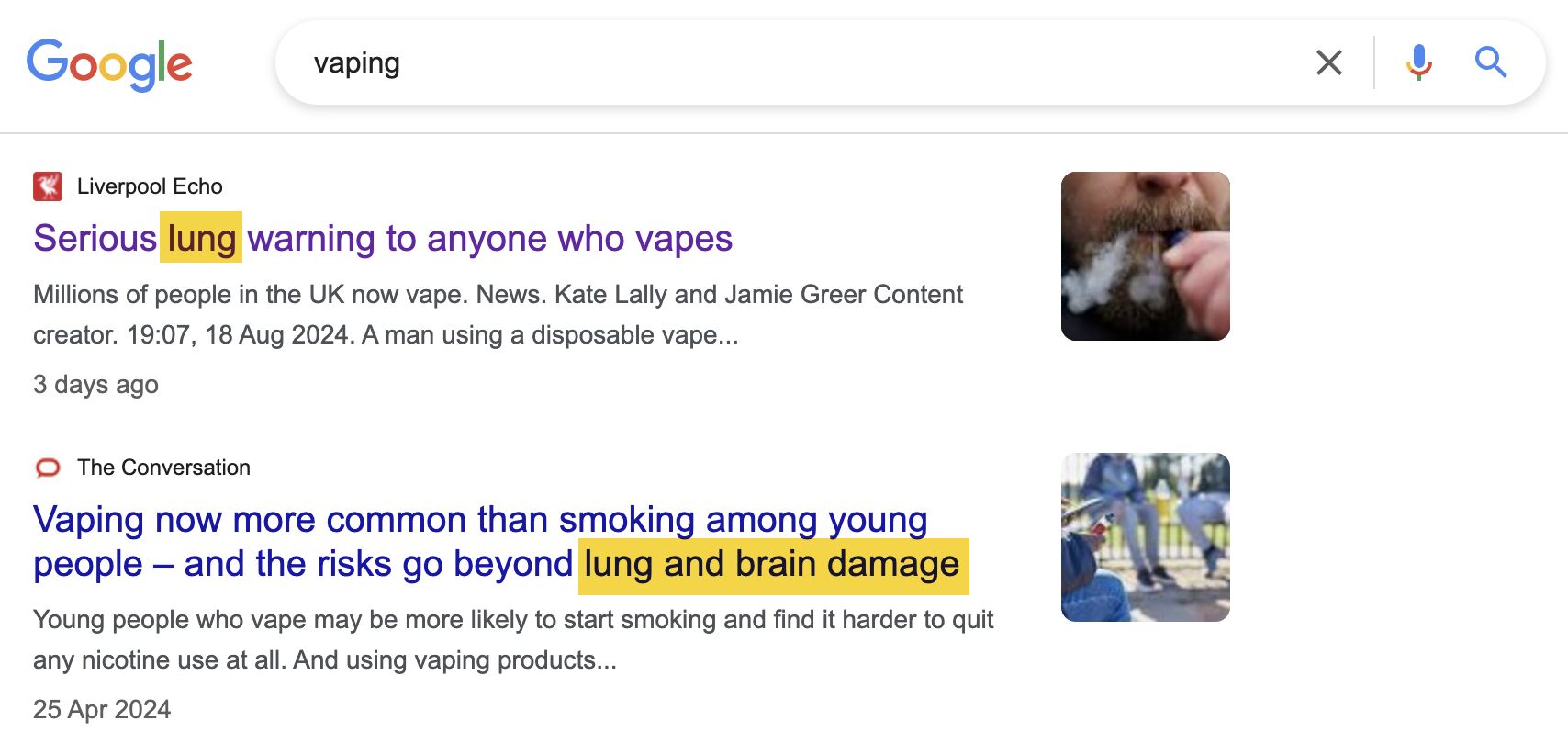 Google News results for vaping features many stories about lung issues