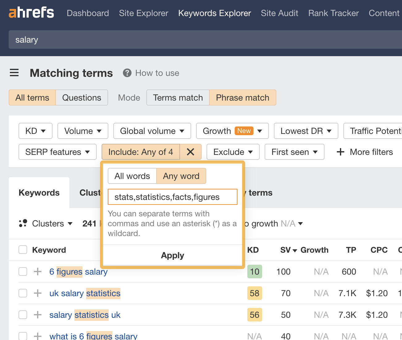 Finding stats keywords in Keywords Explorer