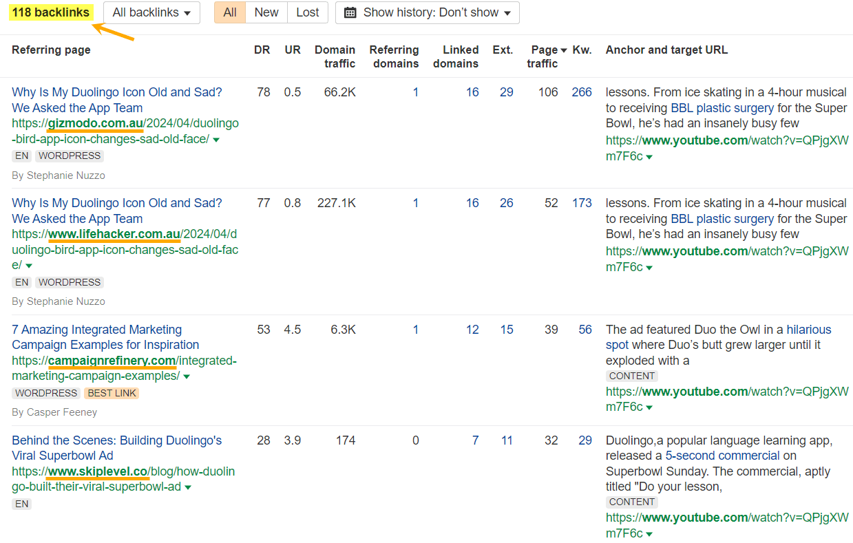 Ahrefs Backlinks report showing 118 press links for Duo Lingo's Superbowl Advert