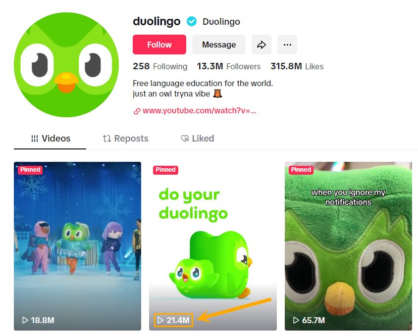 Screenshot of duolingos no buts PR campaign views on TikTok