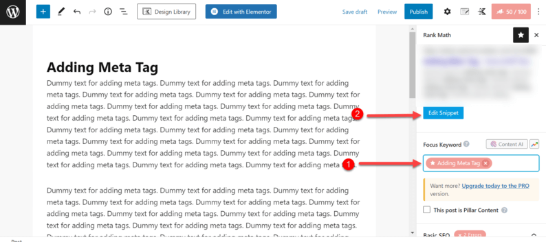 Enter The Keyword In The &Quot;Focus Keyword&Quot; Section And Click The &Quot;Edit Snippet&Quot; Button