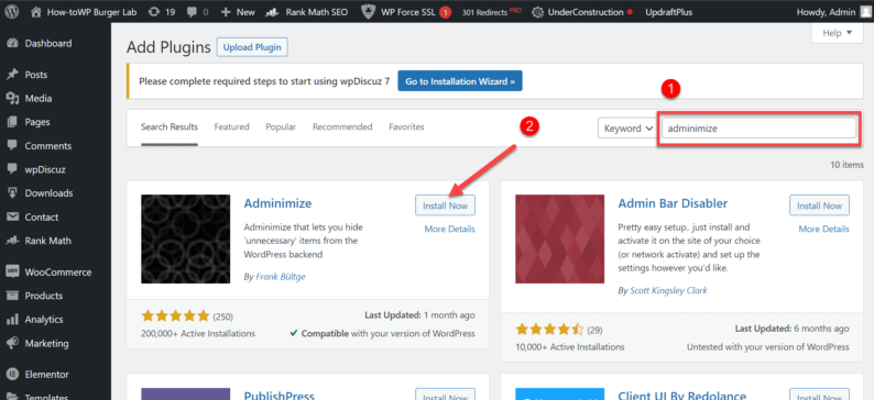 Search And Install The &Quot;Adminimize&Quot; Plugin