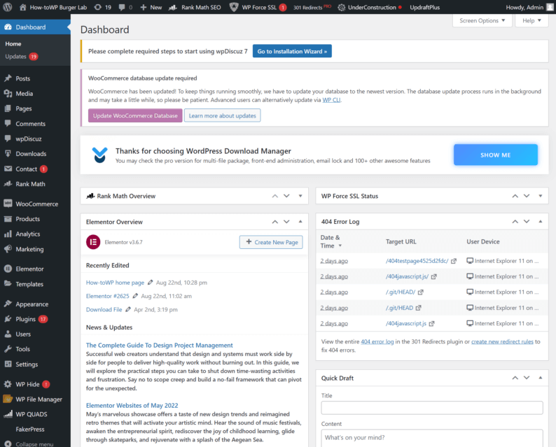 Cluttered WordPress Admin Dashboard