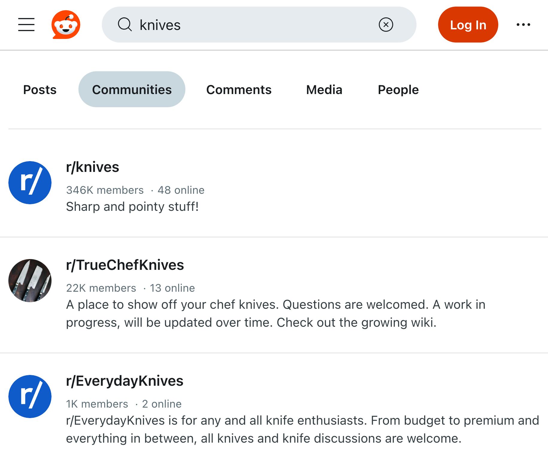 Search for "knives" on Reddit