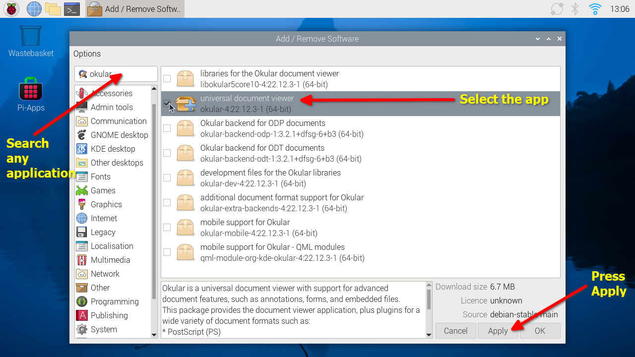 Installing software using GUI on Raspberry Pi