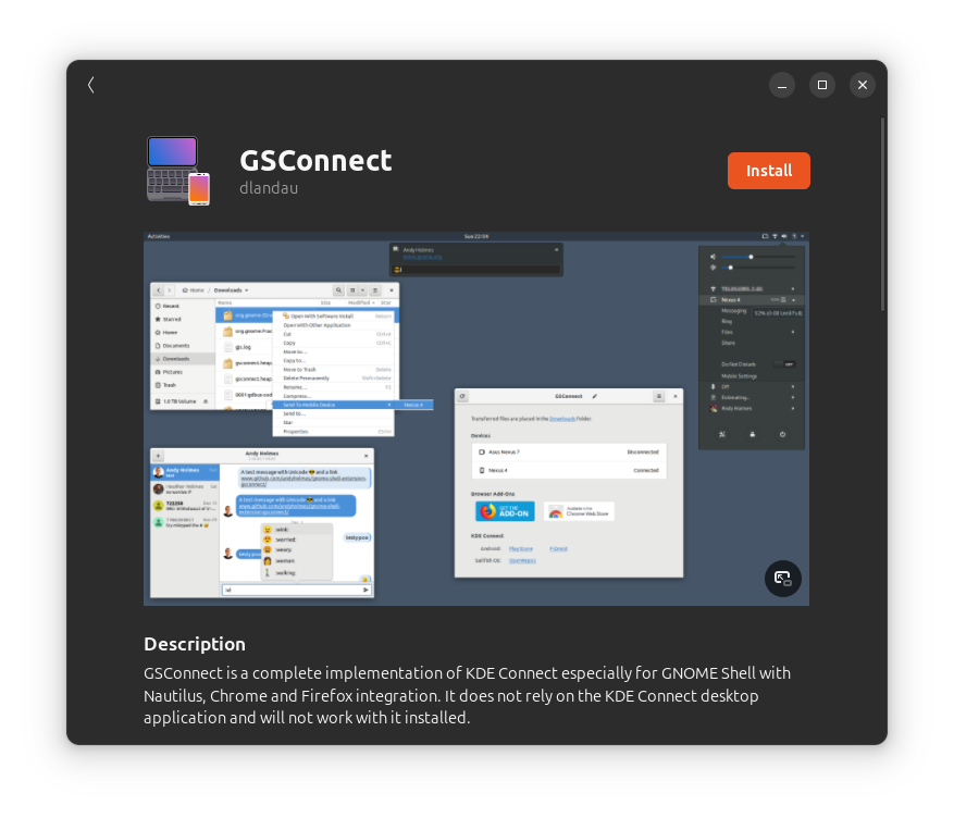 GSConnect extension install page in GNOME Shell Extension Manager Application. Click on the install button to install this to your system.