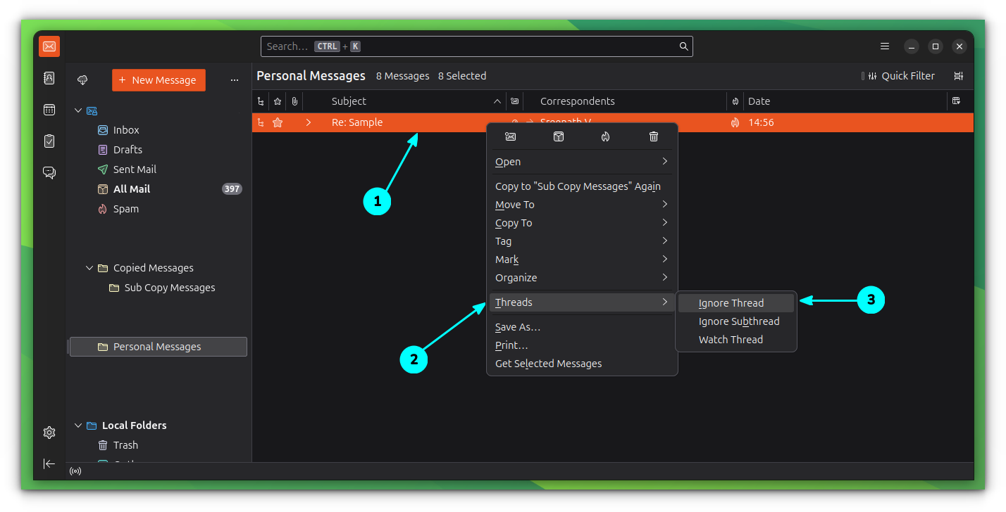 Ignore a thread in Thunderbird by right-clicking on a thread and selecting Threads > Ignore Thread.” loading=”lazy” width=”1428″ height=”728″ srcset=”https://matchpage.info/wp-content/uploads/2024/10/tips-and-tweaks-for-handling-message-threads-in-thunderbird-63.png 600w, https://matchpage.info/wp-content/uploads/2024/10/tips-and-tweaks-for-handling-message-threads-in-thunderbird-64.png 1000w, https://matchpage.info/wp-content/uploads/2024/10/tips-and-tweaks-for-handling-message-threads-in-thunderbird-19.png 1428w” sizes=”(min-width: 720px) 720px”><figcaption><span>Ignore a Thread (Click to expand)</span></figcaption></figure>
<p>That’s it. The thread will disappear from your view.</p>
<p>To view the ignored threads, first press the ALT key on your keyboard to make the main menu appear. Now, from the main menu, select <strong>View → Threads → Ignored Threads</strong>.</p>
<figure class=