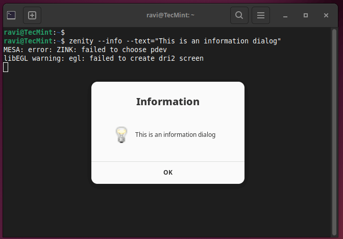 Zenity Show Information Dialog