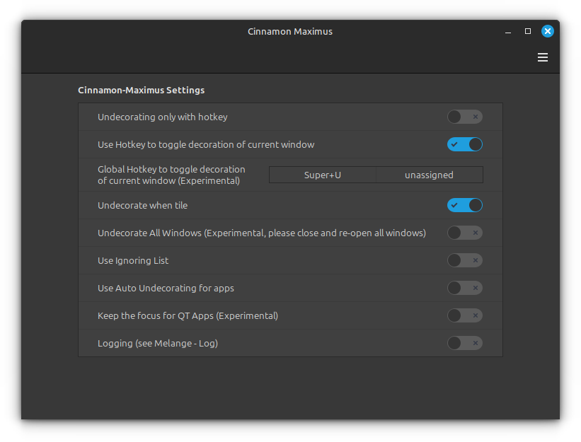 Cinnamon Maximus extension settings page.