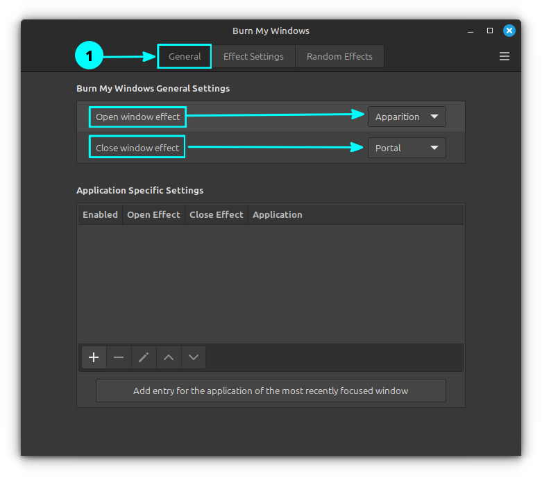 Set the opening and closing effect of windows in Burn My Windows settings page.