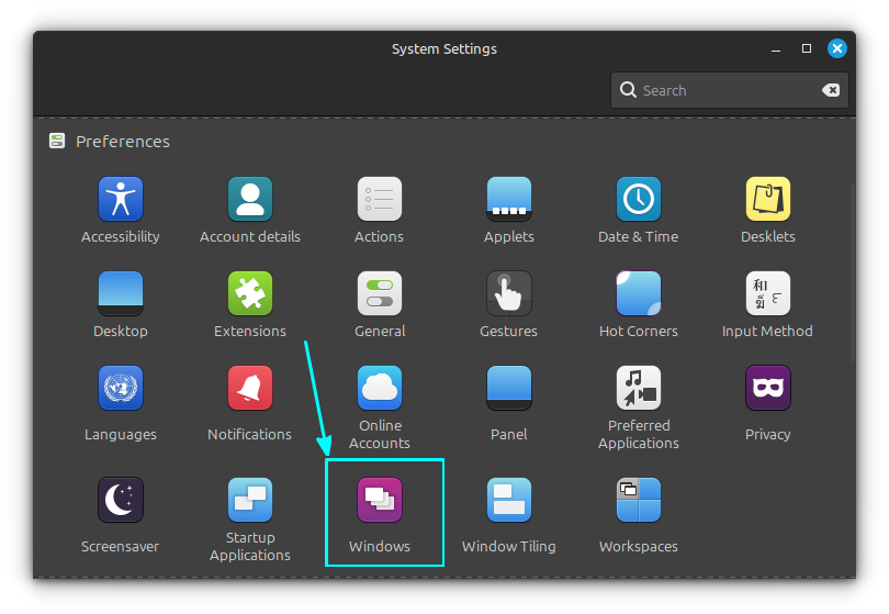 Select the Windows option in the Cinnamon settings application.