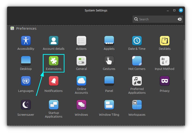 In the Cinnamon System Settings window, select the Extensions option.
