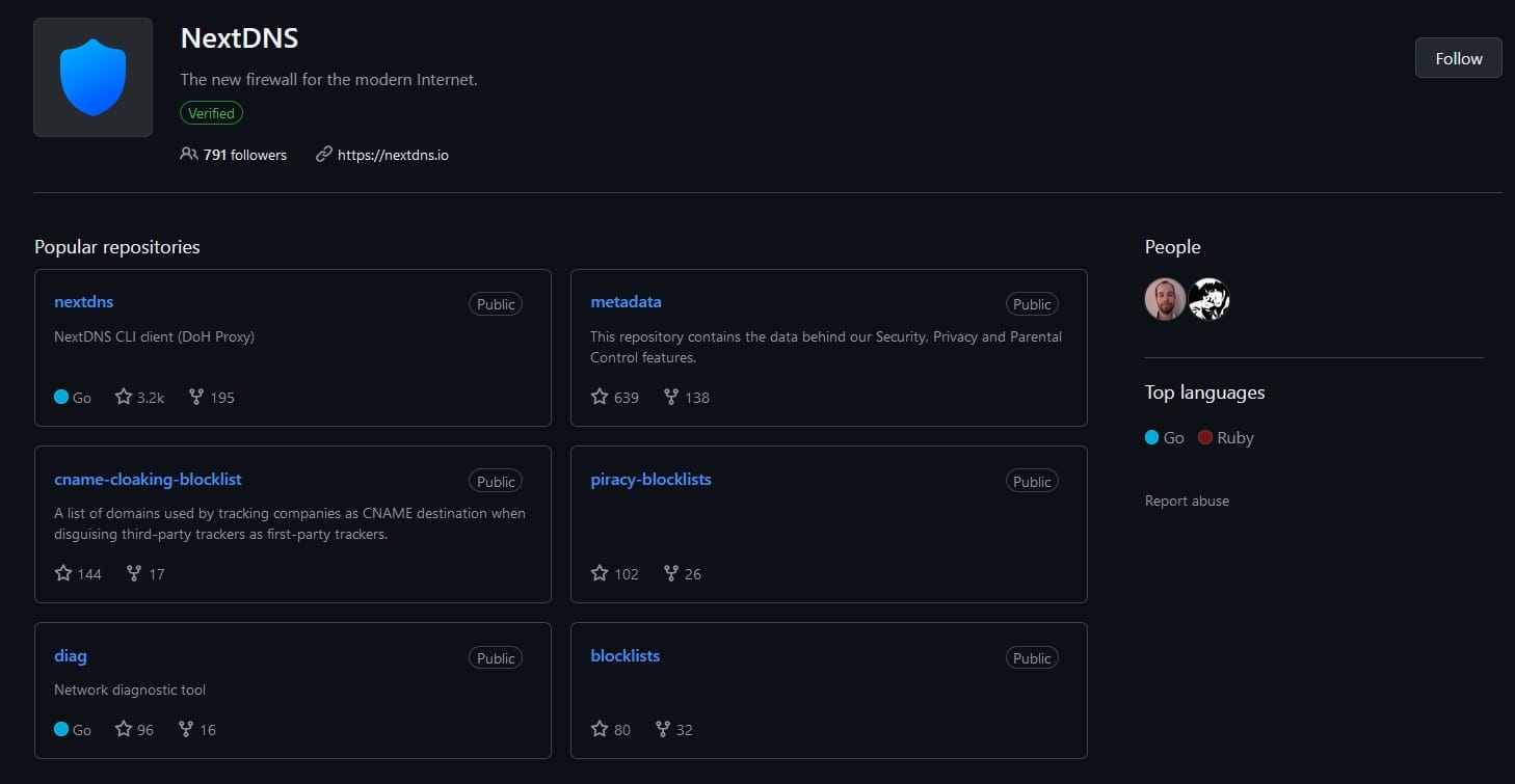 a screenshot of nextdns's github page
