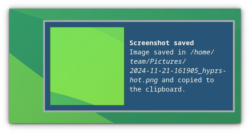 The dunst notification daemon notifies that the screenshot taken is stored to the Pictures directory.