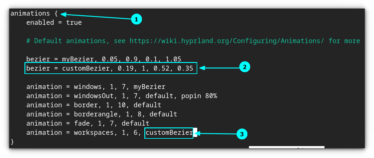 Setting custtom animation in Hyprland using Bezier values and variables.