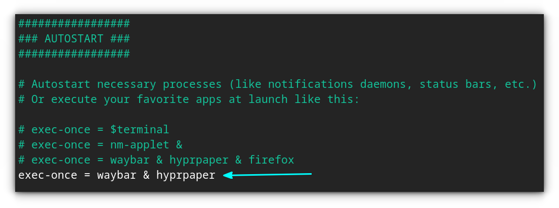 Autostart applications in Hyprland using the exec-once keyword. Use the "&" operator to add more than one app in one line.