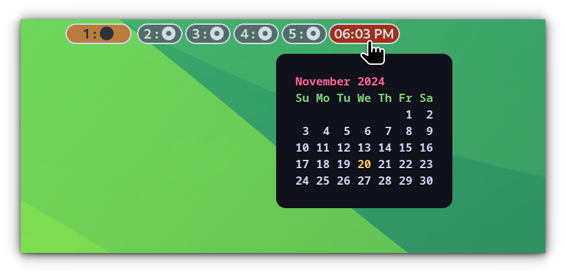 Clock module in Waybar. When hovered, a calendar is displayed.