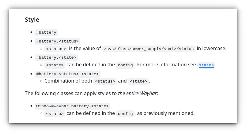 Battery module CSS tags available is specified in the wiki.