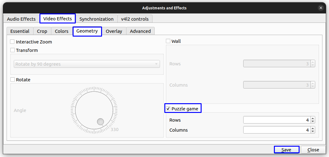 Enable the checkbox near Puzzle Game in the Geometry tab inside Video Effects Section