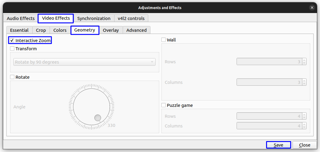 Enable the interactive zoom checkbox to add an interface to interactively zoom your video 