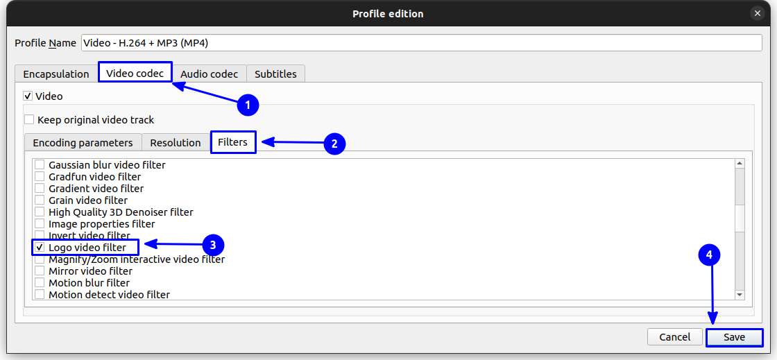 Enable the checkbox near Logo video filter in Filters section of Video codecs