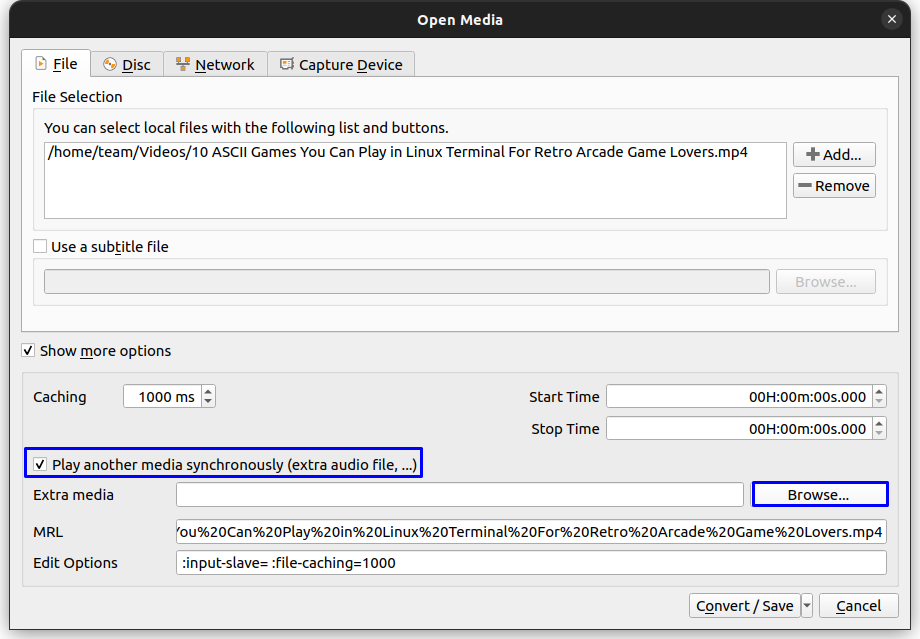 Enable the “Play another media synchronously” checkbox and then click on the Browse button to select the audio file.