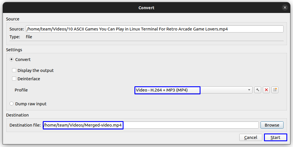 Set an output video profile and then give a destination location and file name.