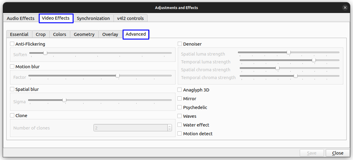 Advanced Video Effects settings page in VLC.