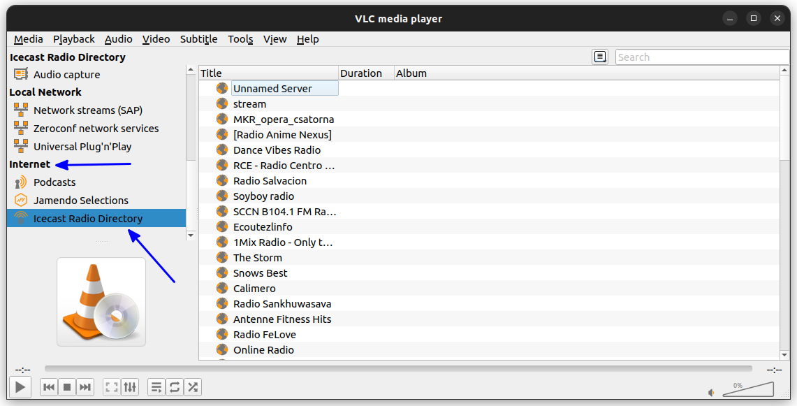 Play Ice Cast directory radio stations in VLC media player