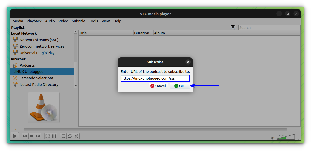 Enter the URL of the Podcast Feed, you want to subscribe on the dialog box that appears.