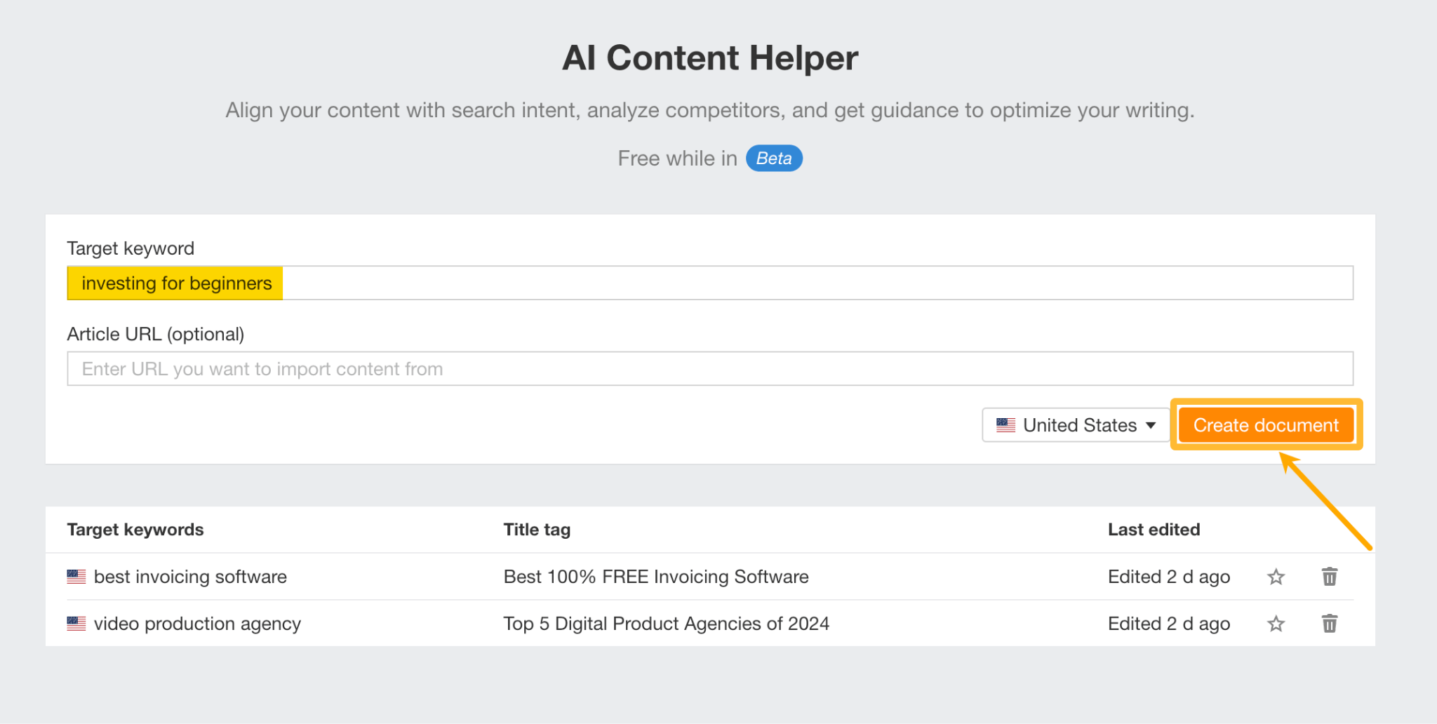 A screenshot of Ahrefs AI Content Helper homepage, with two search bars—one for 'Target keyword' and one for 'Article URL', with 'Target keyword' search bar showing 'Investing for beginners' and an arrow showing the button 'Create document'