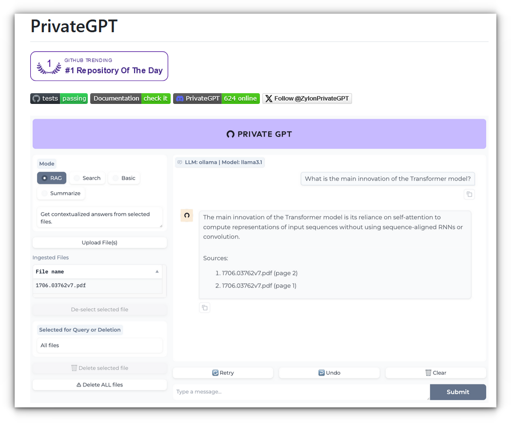 privateGPT also allows to you to upload documents and interact with them