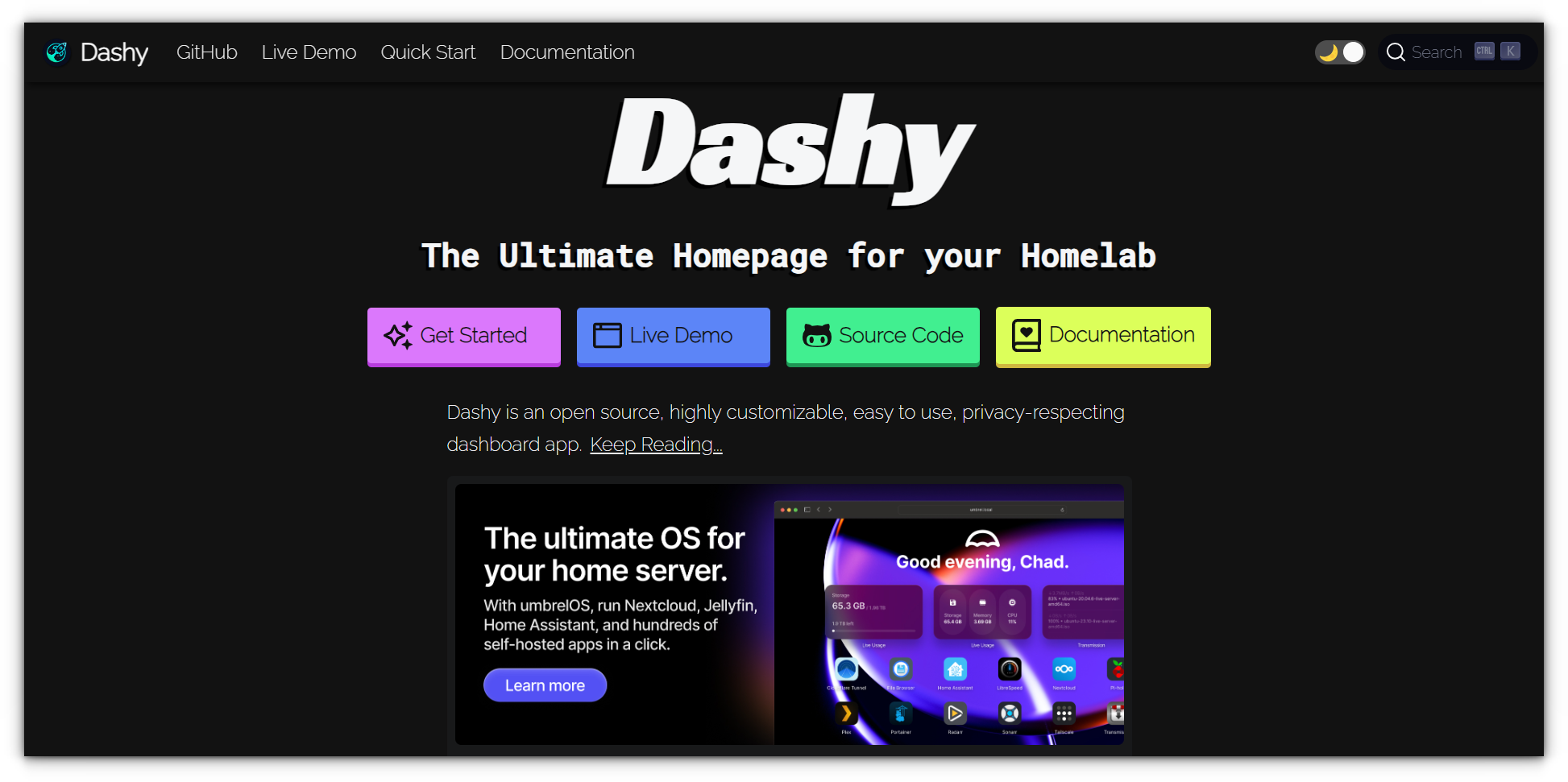 dashy website homepage