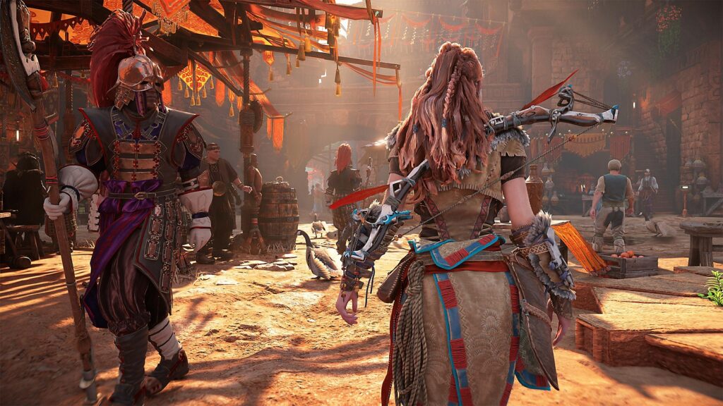 A picture of Aloy walking through the town of Meridian.