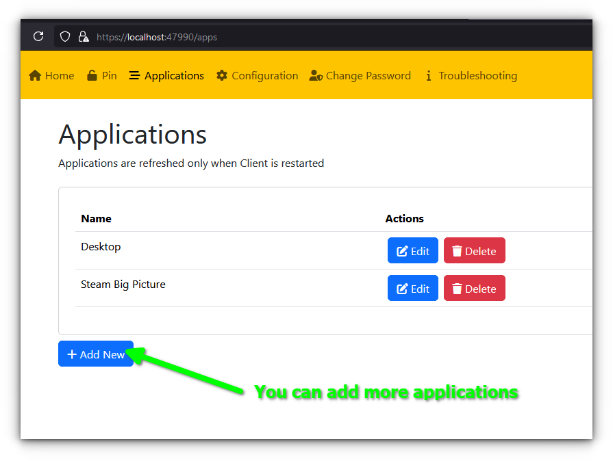 applications add or remove to access via moonlight in raspberry pi 