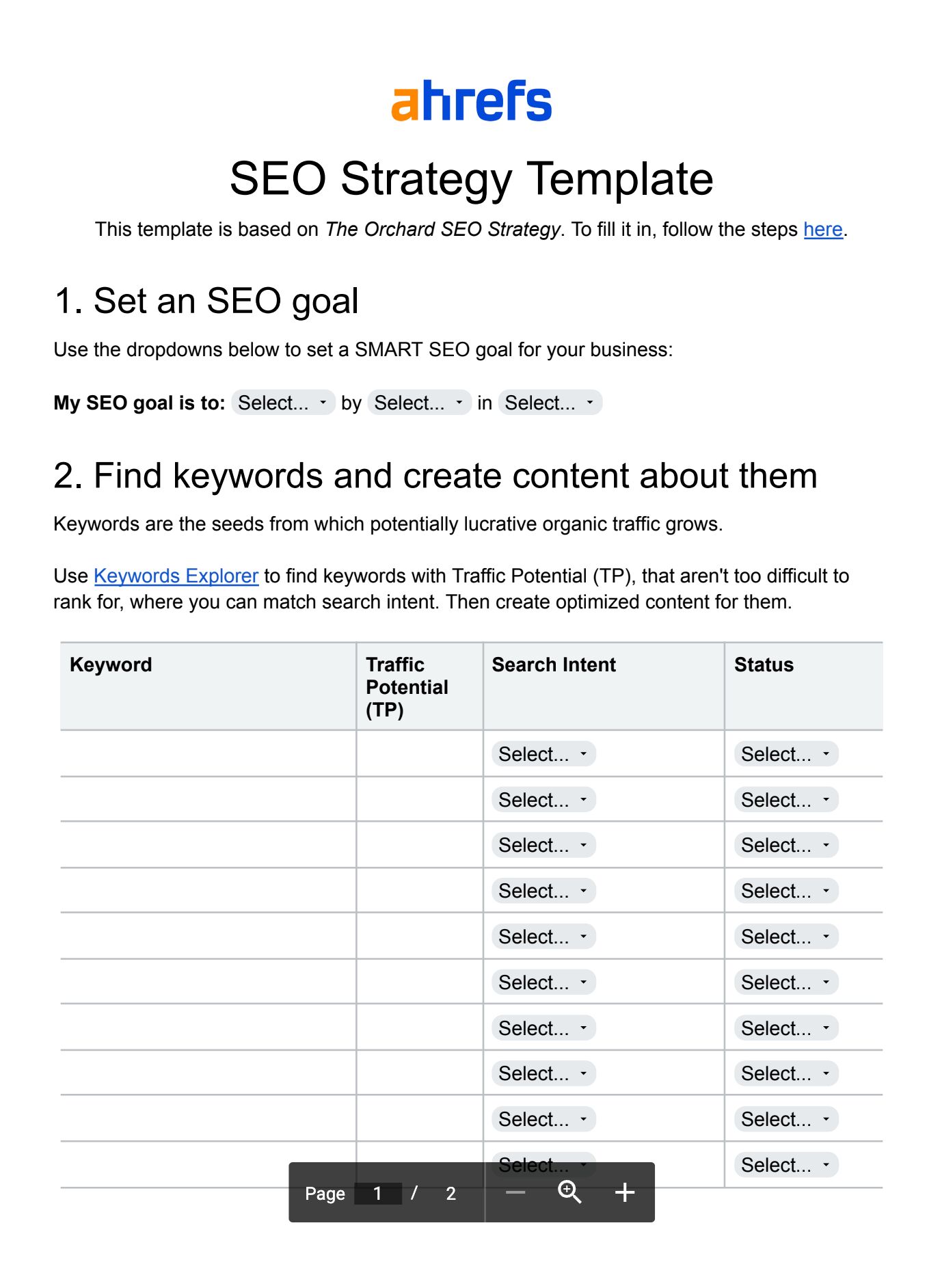 An SEO strategy template in Google Docs as laid out by ahrefs