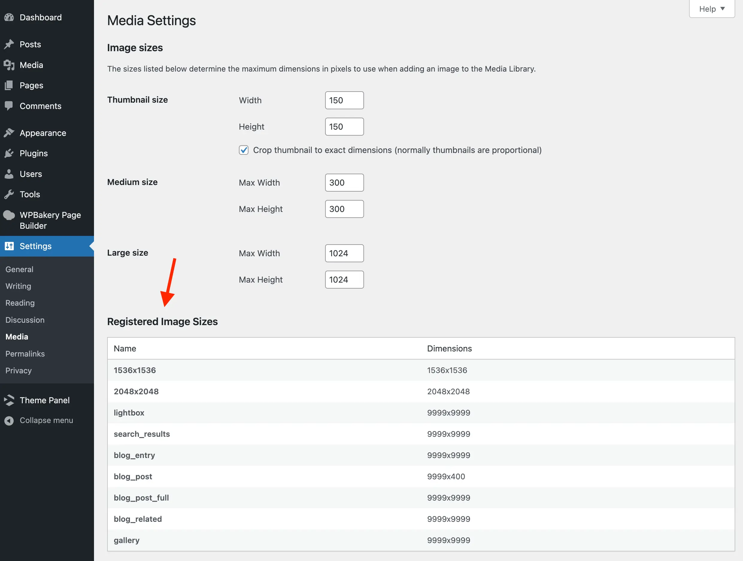 WordPress media settings table of registered image sizes