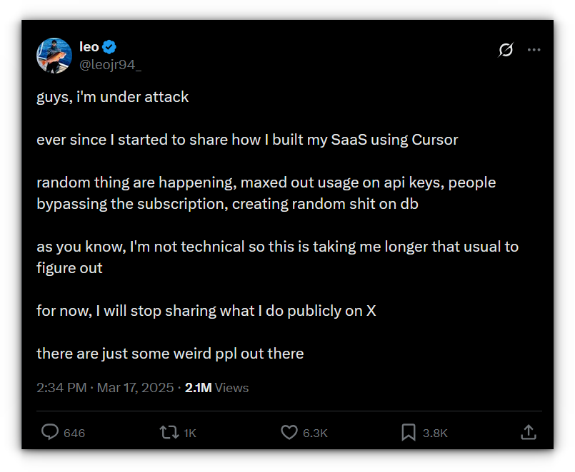 tweet by leojr94 when his saas app api got leaked
