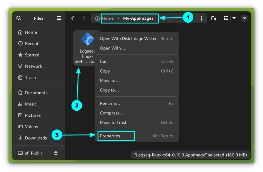 Right-click on the appimage file and select properties from the context menu.