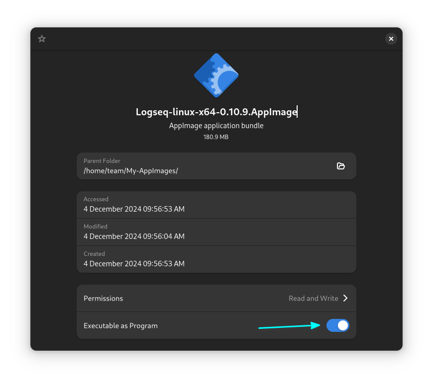 Enable the toggle button for Execution permission for the appimage file