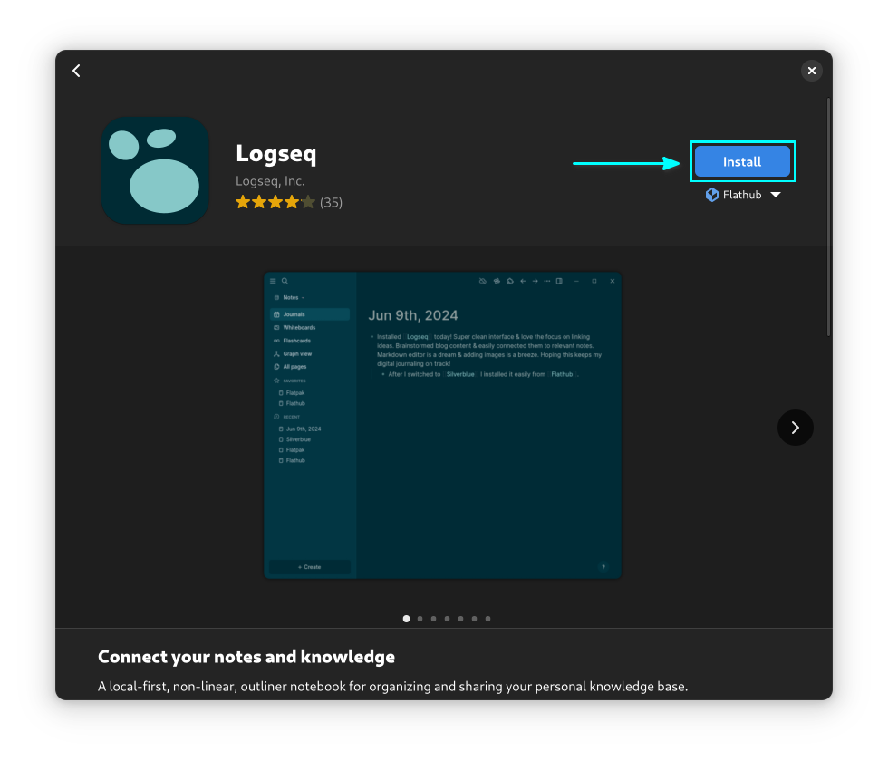 Install Logseq as a Flatpak application using GNOME Software