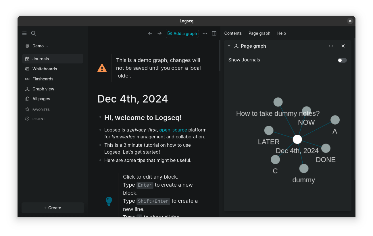 Logseq app window in Linux.