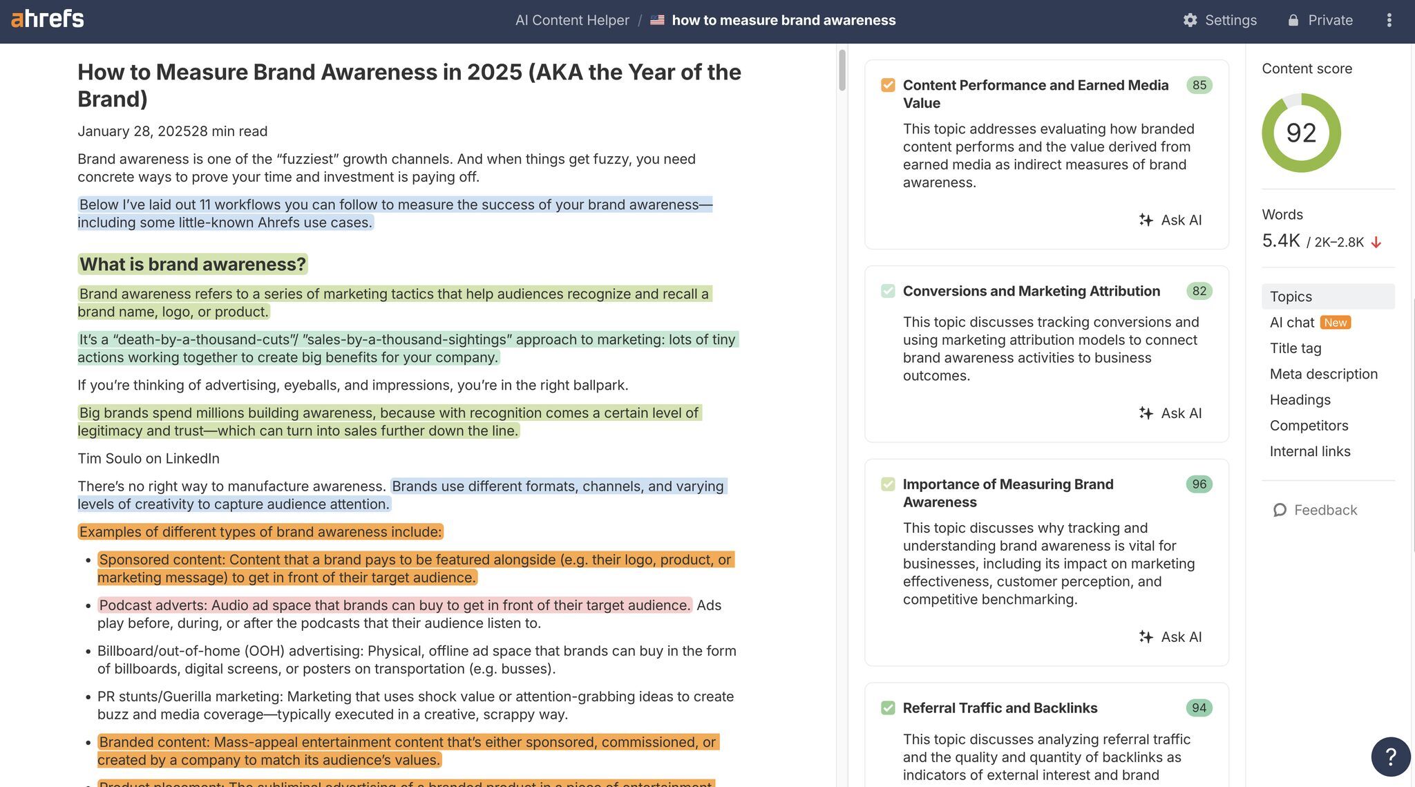 Example of Ahrefs AI Content Helper interface highlighting different topics within an article using distinct colors to show coverage gaps and overlaps.
