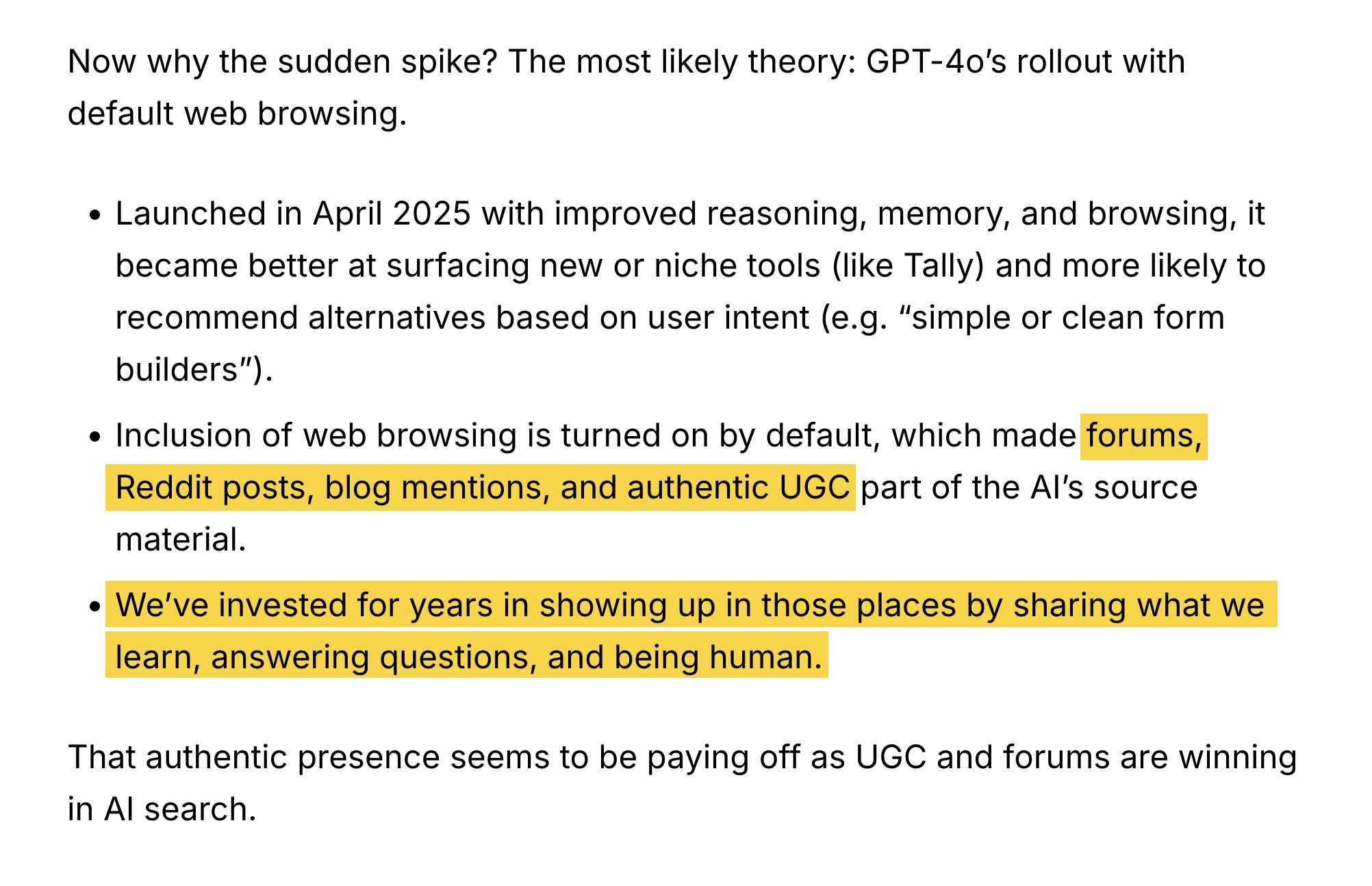 Text snippet from Tally's blog explaining GPT-4o's impact on web browsing, with highlighted sections noting that forums, Reddit posts, blog mentions, and authentic UGC became part of AI's source material, and that companies invested in showing up in these places by sharing knowledge and being human.