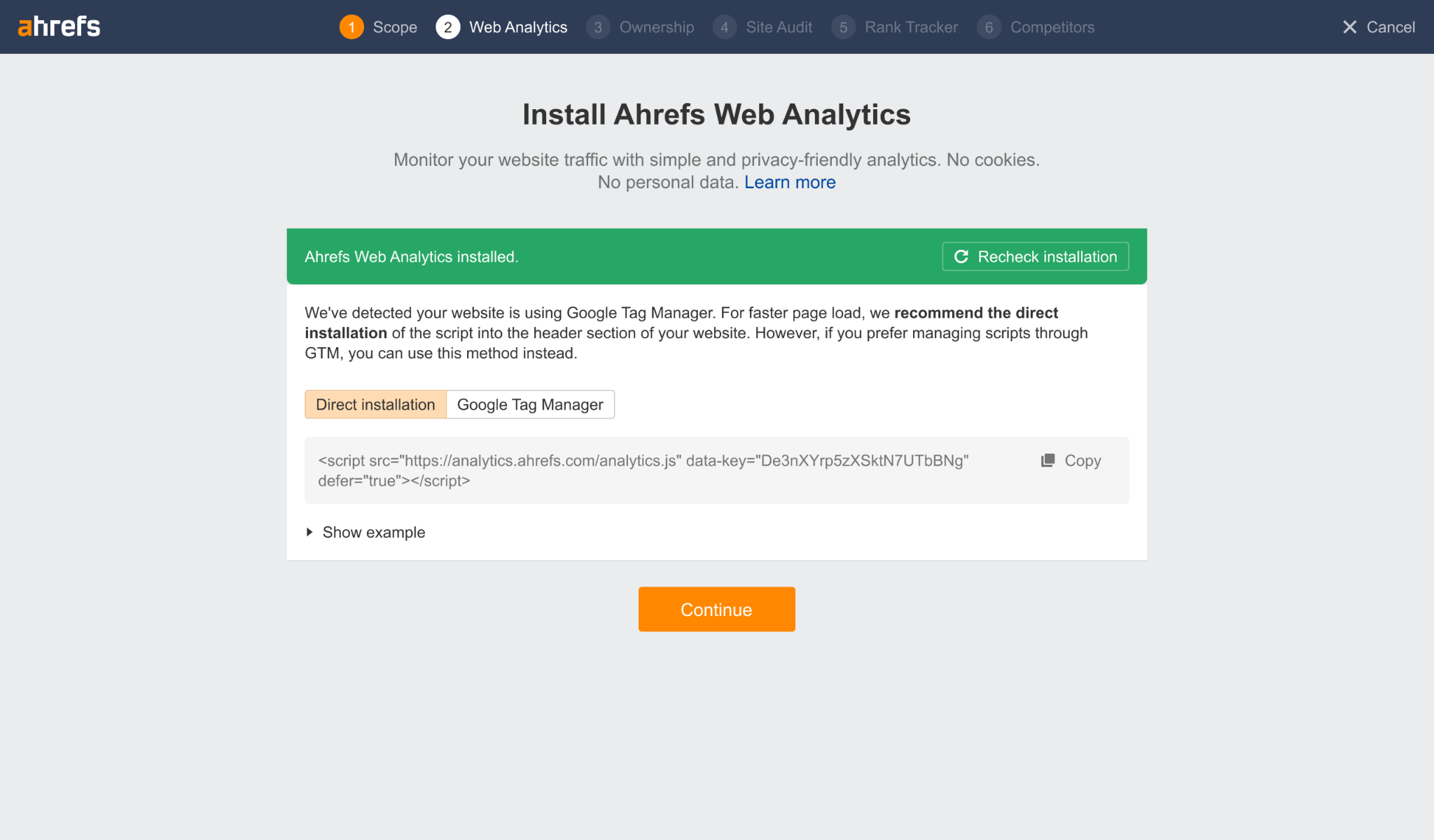 Ahrefs Web Analytics installation page showing "Ahrefs Web Analytics installed" with a green success banner. The page displays installation options including "Direct installation" and "Google Tag Manager" tabs, with a script code snippet below and a "Continue" button at the bottom.