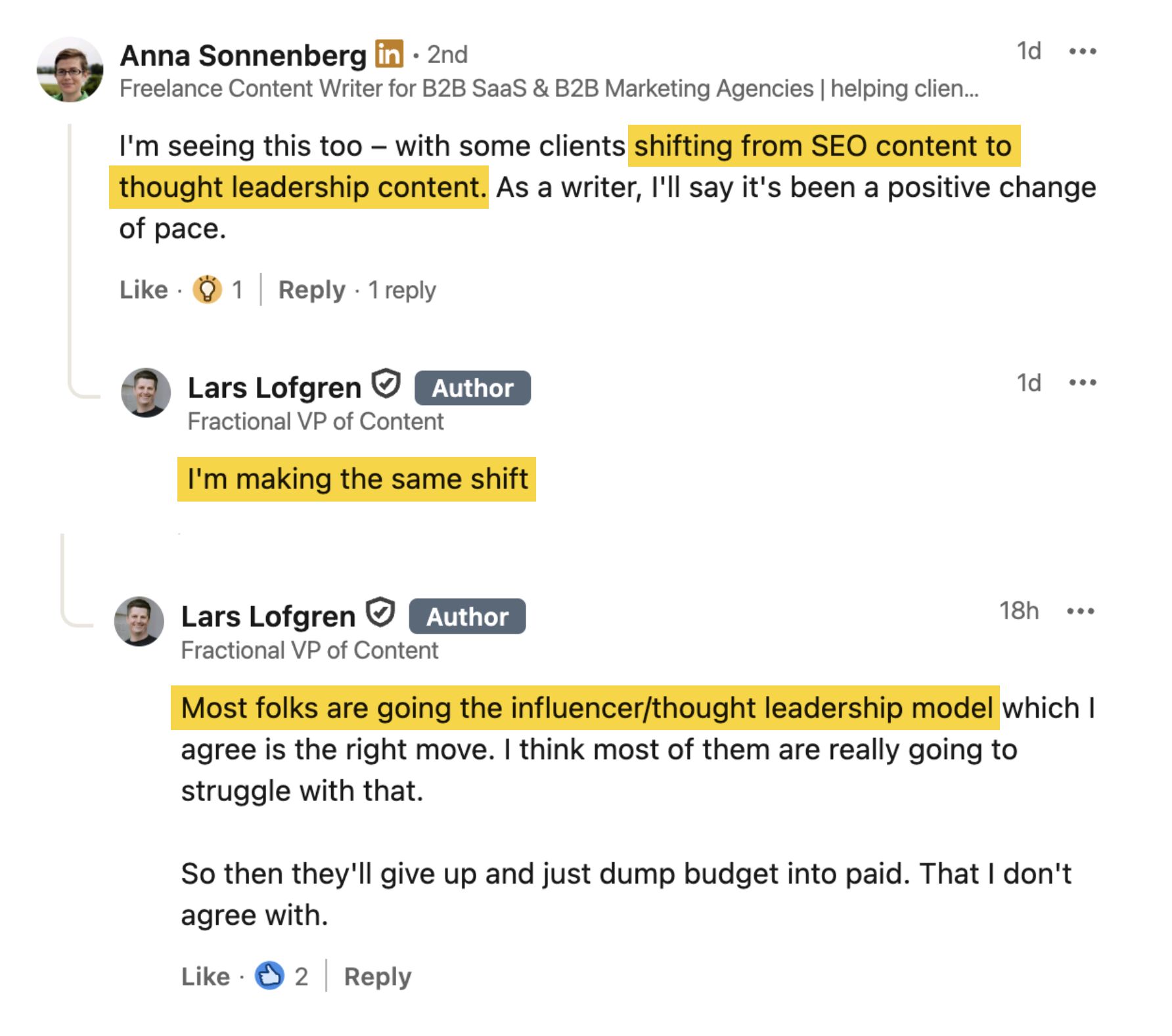 LinkedIn comment thread showing Anna Sonnenberg (Freelance Content Writer for B2B SaaS & B2B Marketing Agencies) commenting that she's seeing clients "shifting from SEO content to thought leadership content" (highlighted in yellow), calling it a positive change of pace. Below, Lars Lofgren (Fractional VP of Content, marked as Author) replies "I'm making the same shift" (highlighted in yellow) and in a longer comment notes that "Most folks are going the influencer/thought leadership model which I agree is the right move" (highlighted in yellow), but predicts many will struggle and eventually just dump budget into paid advertising, which he disagrees with.