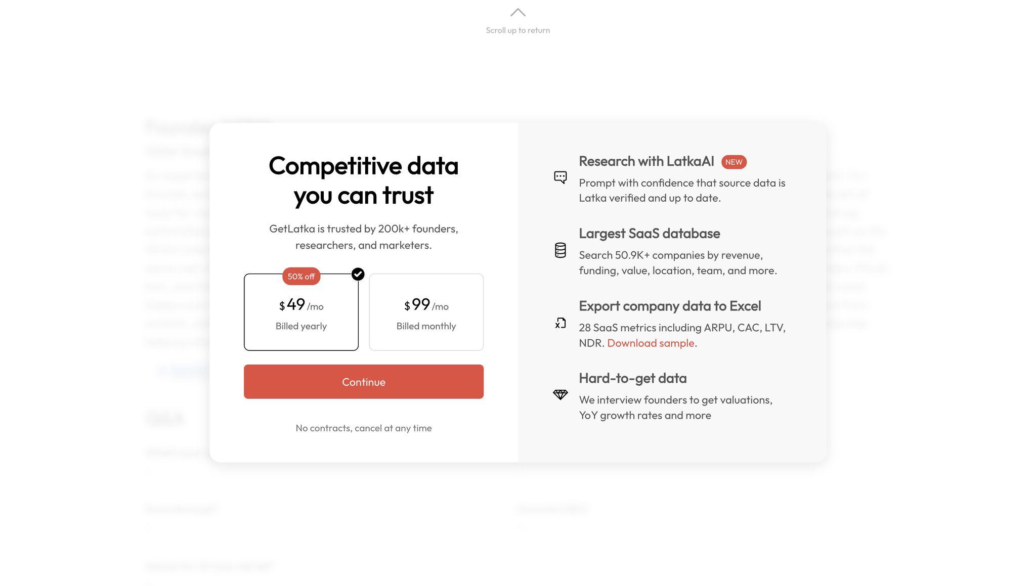 GetLatka pricing page showing "Competitive data you can trust" with two pricing tiers - $49/month billed yearly (marked as 50% off) and $99/month billed monthly. Features listed include "Research with LatkaAI", "Largest SaaS database" with 50.9K+ companies, "Export company data to Excel" with 28 SaaS metrics, and "Hard-to-get data" from founder interviews.