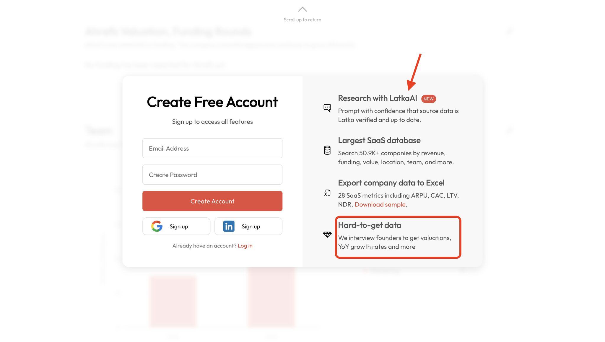 GetLatka account creation page with "Create Free Account" form containing email and password fields. The right side shows features including "Research with LatkaAI" (marked as NEW), "Largest SaaS database", "Export company data to Excel", and "Hard-to-get data" section highlighted in red.